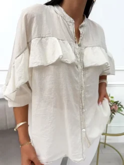 Beżowa Bawełniana Koszula z Falbanką 14052-111-A|Modna Kiecka Fashion