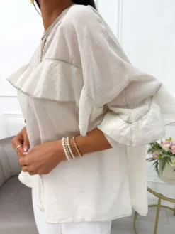 Beżowa Bawełniana Koszula z Falbanką 14052-111-A|Modna Kiecka Fashion