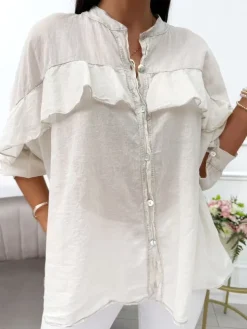 Beżowa Bawełniana Koszula z Falbanką 14052-111-A|Modna Kiecka Fashion