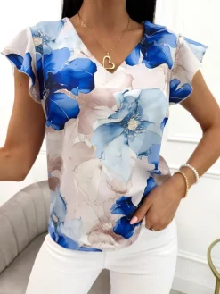Beżowa Bluzeczka w Niebieskie Kwiaty  13921-502-A|Modna Kiecka Fashion