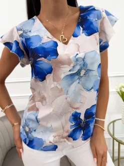 Beżowa Bluzeczka w Niebieskie Kwiaty  13921-502-A|Modna Kiecka Fashion