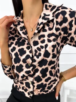 Beżowa Koszula w Panterkę 12878-105 12878-105-Q|Modna Kiecka Hot