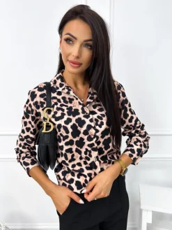 Beżowa Koszula w Panterkę 12878-105 12878-105-Q|Modna Kiecka Hot