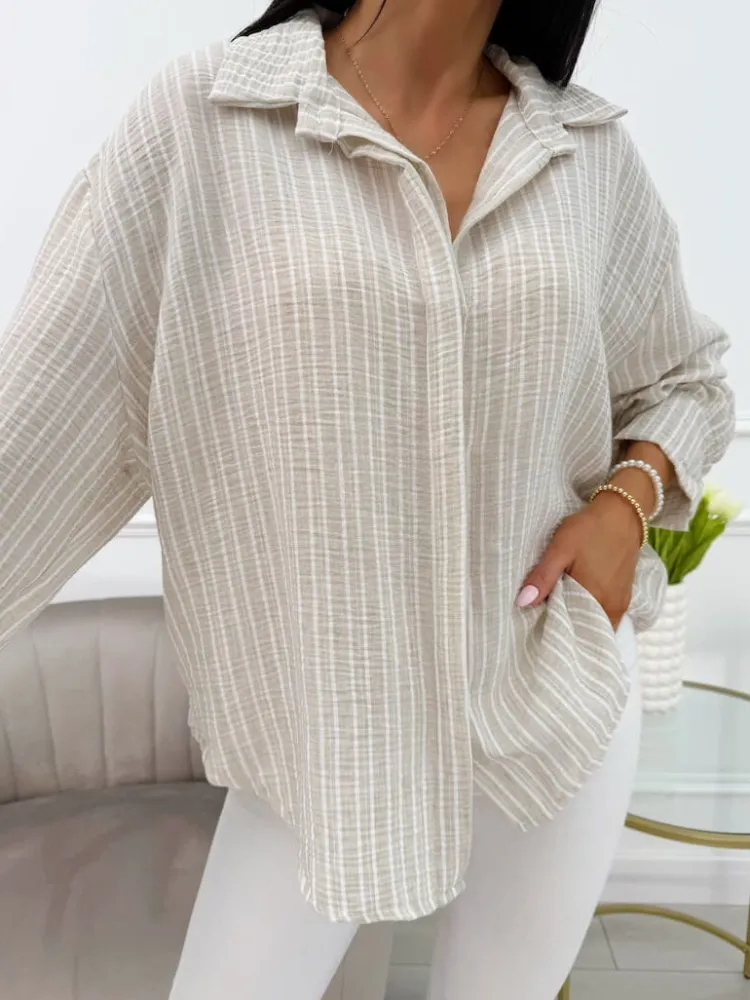 Beżowa Koszula w Paski Oversize 13948-106-A|Modna Kiecka Online