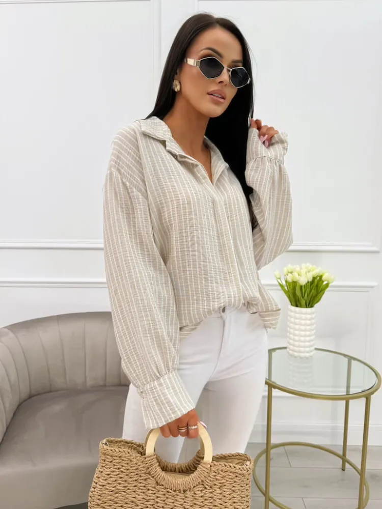 Beżowa Koszula w Paski Oversize 13948-106-A|Modna Kiecka Online