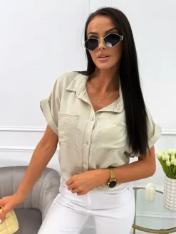 Beżowa Koszula z Krótkim Rękawem i Kieszonkami 13840-229-A|Modna Kiecka Fashion