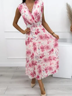 Beżowa Plisowana Sukienka w Kwiatki  12592-83-Q|Modna Kiecka Discount