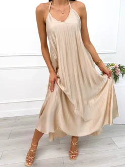 Beżowa Plisowana Sukienka Maxi 12585-75-A|Modna Kiecka Discount