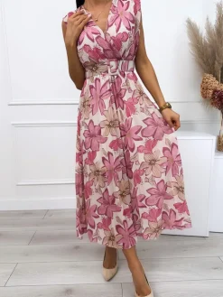 Beżowa Plisowana Sukienka w Pudrowe Kwiaty  12593-510-Q|Modna Kiecka Outlet