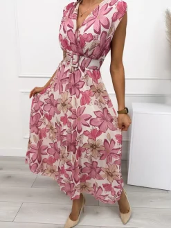 Beżowa Plisowana Sukienka w Pudrowe Kwiaty  12593-510-Q|Modna Kiecka Outlet