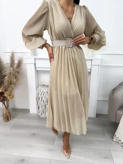 Beżowa Plisowana Sukienka 11894-208-A|Modna Kiecka Outlet