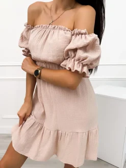 Beżowa Sukienka Hiszpanka z Falbanką 12455-327-A|Modna Kiecka Outlet