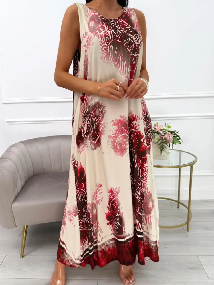 Beżowa Sukienka Maxi w Czerwono-Brązowy Wzór 14080-525-B|Modna Kiecka Best