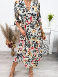 Beżowa Sukienka Maxi w Kwiaty 12258-364-Q|Modna Kiecka Sale