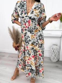 Beżowa Sukienka Maxi w Kwiaty 12258-364-Q|Modna Kiecka Sale