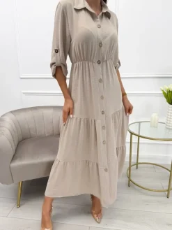 Beżowa Sukienka Maxi z Guzikami 13767-65-A|Modna Kiecka Clearance