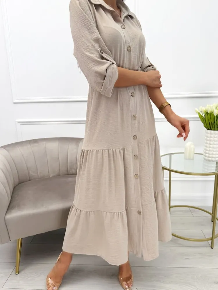 Beżowa Sukienka Maxi z Guzikami 13767-65-A|Modna Kiecka Clearance