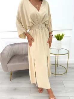 Beżowa Sukienka Maxi z Rozcięciami i Paskiem 12508-518-C|Modna Kiecka Outlet