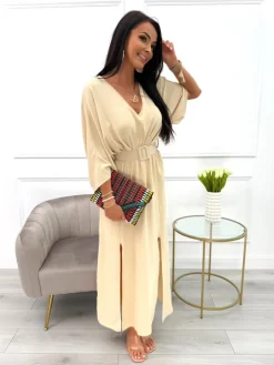 Beżowa Sukienka Maxi z Rozcięciami i Paskiem 12508-518-C|Modna Kiecka Outlet
