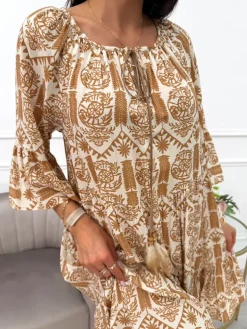 Beżowa Sukienka Oversize w Brązowy Wzór 14041-361-A|Modna Kiecka Hot