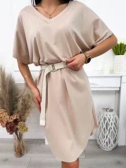 Beżowa Sukienka Oversize z Paskiem 12134-503-A|Modna Kiecka Hot