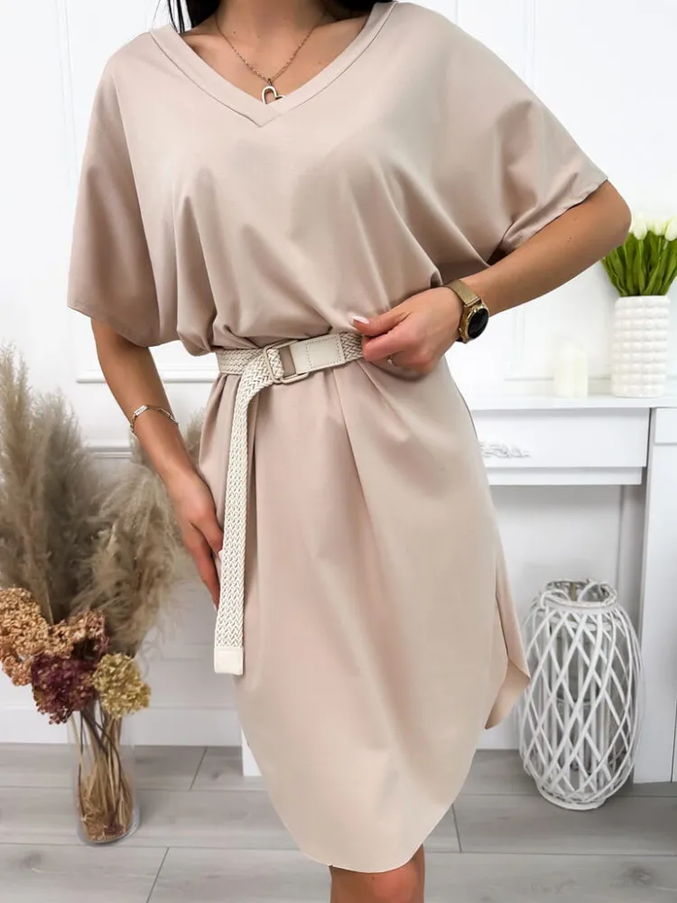 Beżowa Sukienka Oversize z Paskiem 12134-503-A|Modna Kiecka Hot