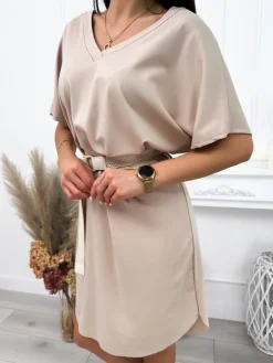 Beżowa Sukienka Oversize z Paskiem 12134-503-A|Modna Kiecka Hot