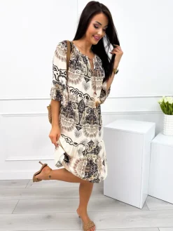 Beżowa Sukienka w Czarny Wzór 12457-529-A|Modna Kiecka Hot