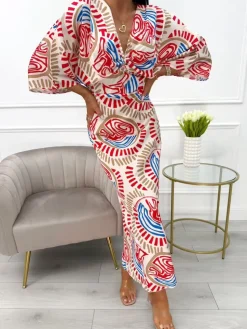 Beżowa Sukienka w Czerwono-Niebieski Wzór 13954-110-A|Modna Kiecka Fashion