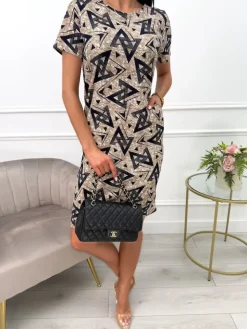 Beżowa Sukienka w Granatowy Wzór z Kieszeniami 13517-313-Q|Modna Kiecka Fashion