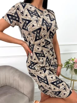 Beżowa Sukienka w Granatowy Wzór z Kieszeniami 13517-313-Q|Modna Kiecka Fashion