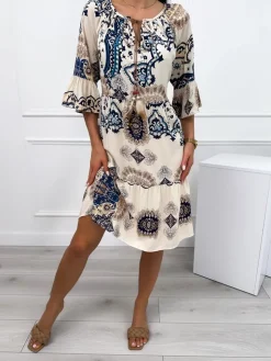 Beżowa Sukienka w Granatowy Wzór 12457-529-B|Modna Kiecka Online