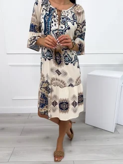 Beżowa Sukienka w Granatowy Wzór 12457-529-B|Modna Kiecka Online
