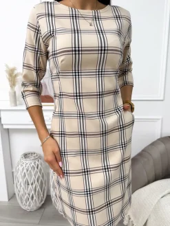 Beżowa Sukienka w Kratę  11461-535-Q|Modna Kiecka Hot