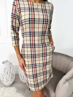 Beżowa Sukienka w Kratę  11100-523-Q|Modna Kiecka Outlet