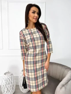 Beżowa Sukienka w Kratę  11100-523-Q|Modna Kiecka Outlet