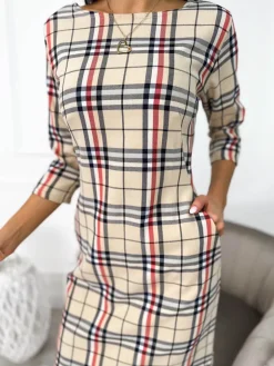 Beżowa Sukienka w Kratę  11100-523-Q|Modna Kiecka Outlet