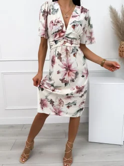 Beżowa Sukienka w Kwiaty 12552-236 12552-236-Q|Modna Kiecka Clearance