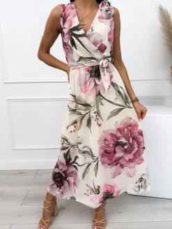 Beżowa Sukienka w Kwiaty z Ozdobami 12547-528-Q|Modna Kiecka Outlet