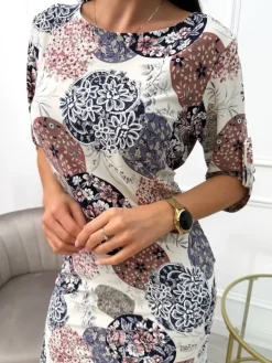 Beżowa Sukienka w Roślinny Wzór 13690-84-Q|Modna Kiecka Sale