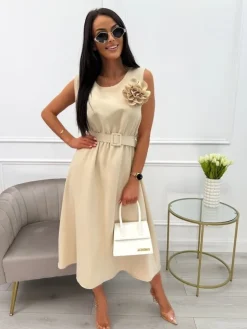 Beżowa Sukienka z Broszką i Paskiem 13878-284-A|Modna Kiecka Fashion