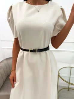 Beżowa Sukienka z Bufiastymi Rękawami i Paskiem 13848-533-A|Modna Kiecka Fashion