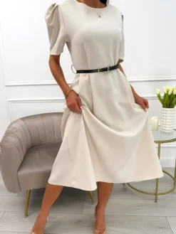 Beżowa Sukienka z Bufiastymi Rękawami i Paskiem 13848-533-A|Modna Kiecka Fashion