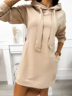 Beżowa Sukienka z Kapturem 11694-188-A|Modna Kiecka Fashion
