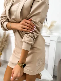 Beżowa Sukienka z Kapturem 11694-188-A|Modna Kiecka Fashion