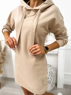 Beżowa Sukienka z Kapturem 11694-188-A|Modna Kiecka Fashion