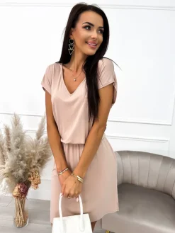 Beżowa Sukienka z Kieszeniami 10228-235-D|Modna Kiecka Online