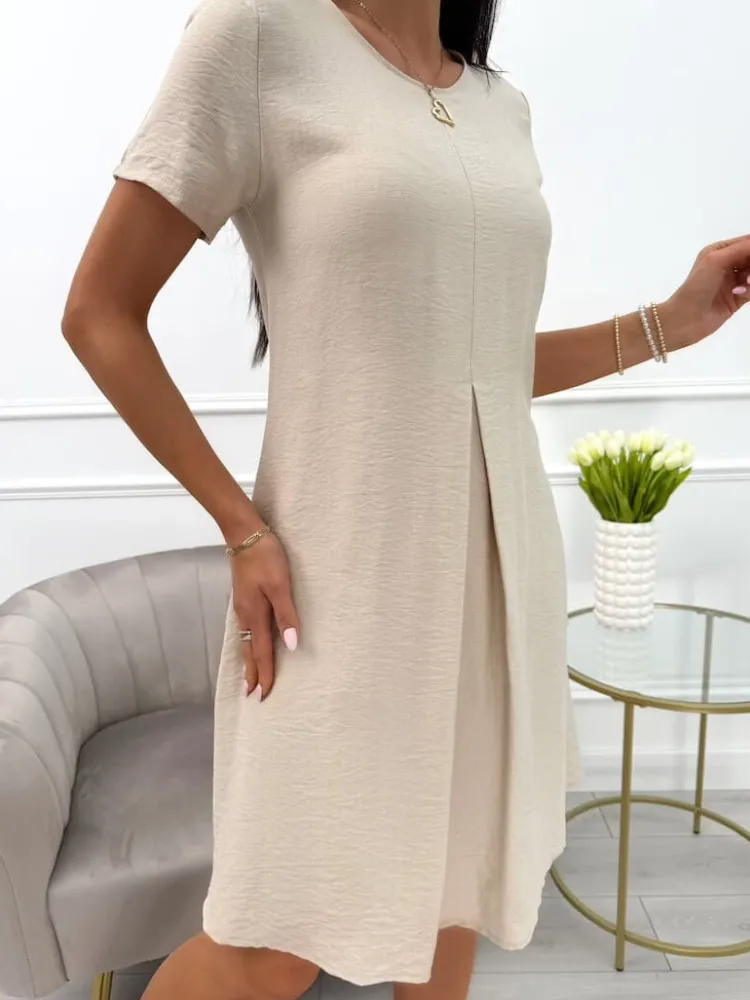 Beżowa Sukienka z Kieszeniami 13969-336-A|Modna Kiecka Outlet