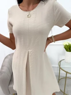 Beżowa Sukienka z Kieszeniami 13969-336-A|Modna Kiecka Outlet