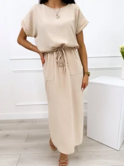 Beżowa Sukienka z Kieszonkami 10330-227-A|Modna Kiecka Outlet